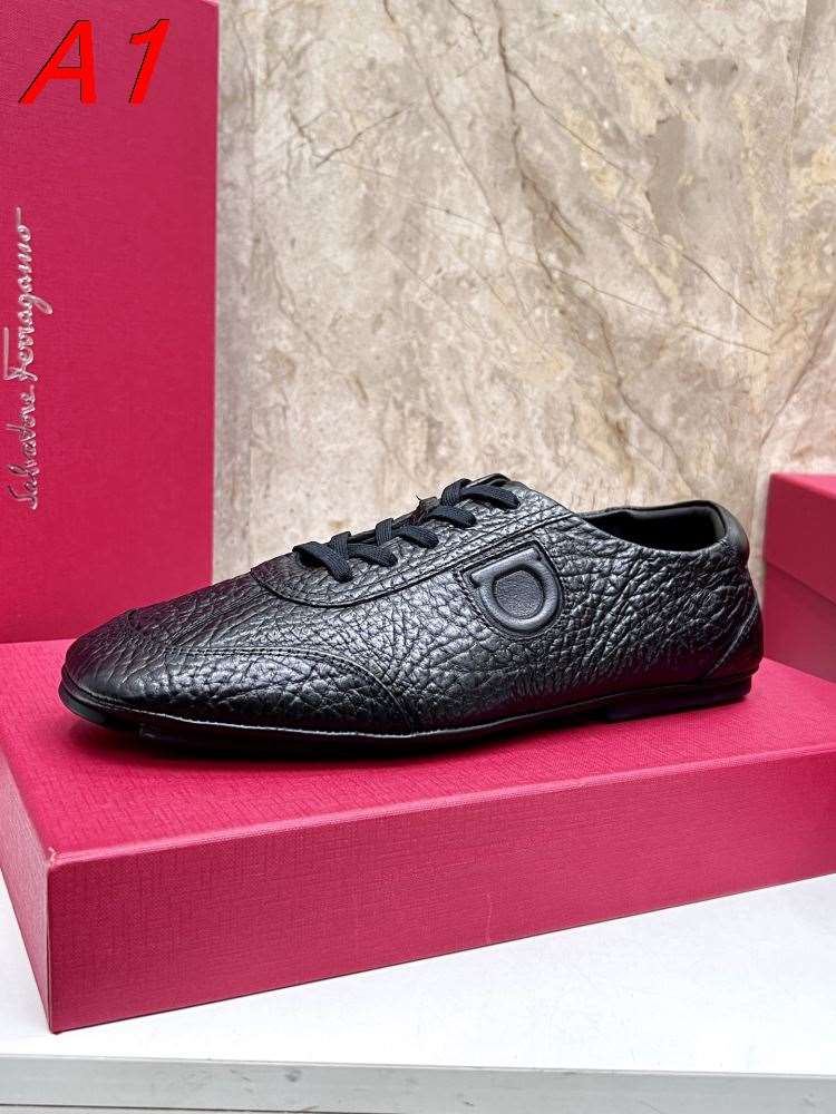 2026新作発表【Ferragamo】カジュアルシューズ レザー 荔枝紋 × 黑 D字装饰 カジュアル FERR-