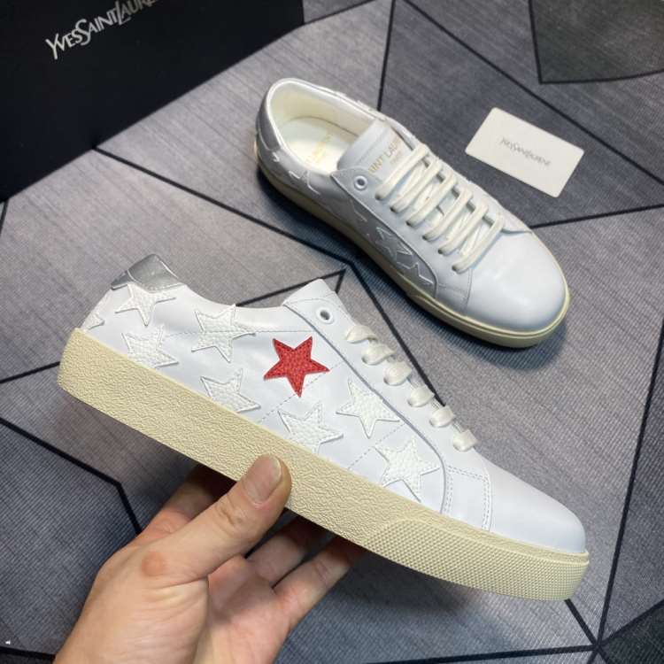 2026新作登場!【Saint Laurent】スニーカーレザー 星装飾 YSL Logo 白×赤×グレー カジュアル