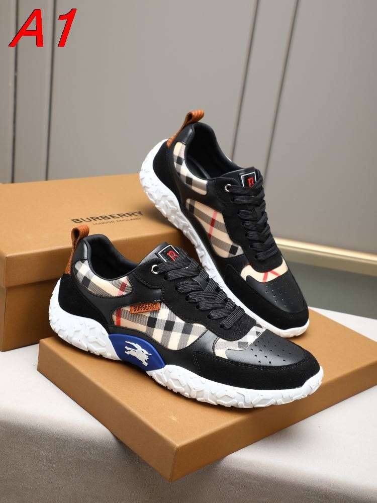 2026入荷【Burberry】スニーカー レザー×キャンバス クラシック格子柄 黒×白×赤 ストリート