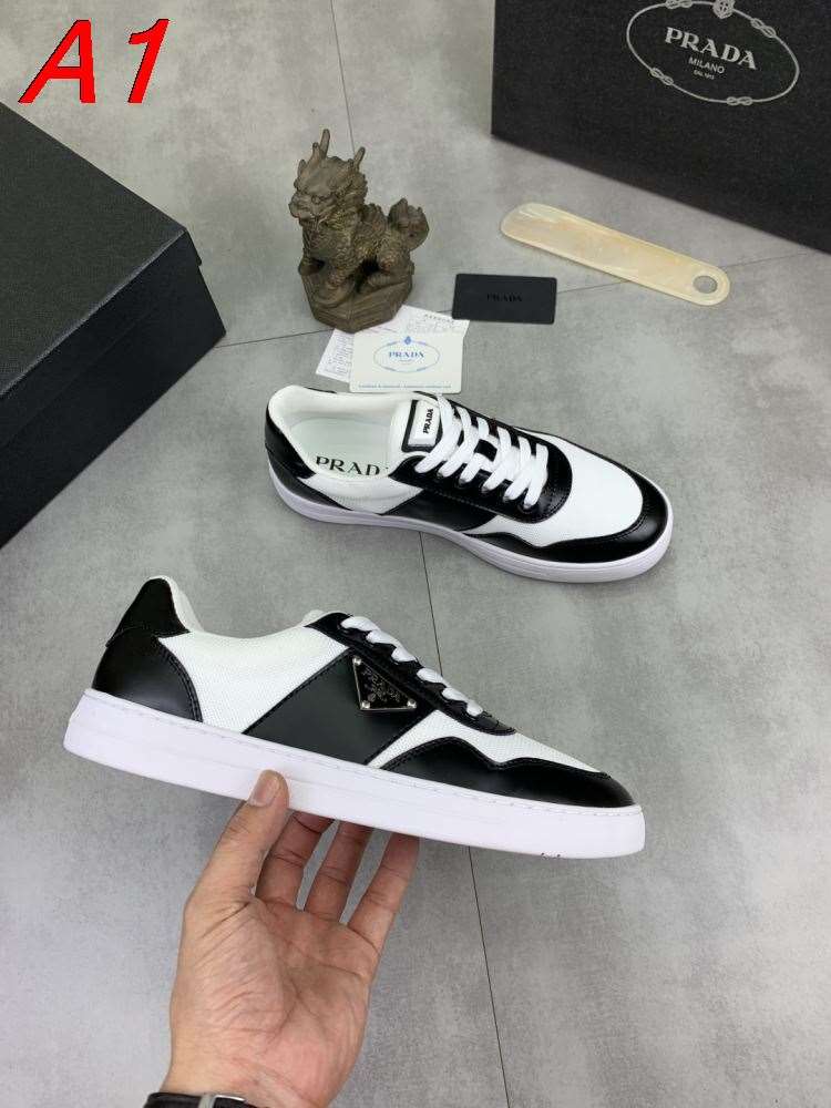 2026発売【Prada】スニーカー ファブリック×光泽レザー 三日月饰品 黑白撞色 ストリート