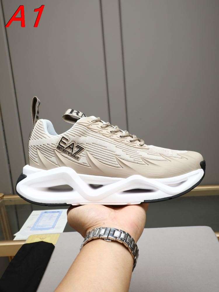 【BOSS】EA7 スニーカー ファブリック×レザー 镂空鞋底 ベージュ×WHITE ストリート