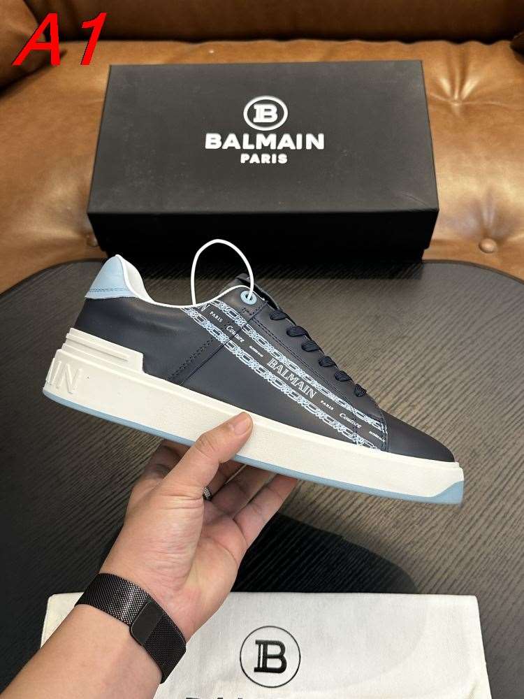 2026新作発表【Balmain】ローカットスニーカー レザー チェーン刺繍 ネイビー カジュアル
