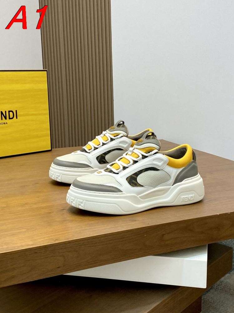 2026新作【Fendi】チャンキースニーカー レザー FF柄 白底 ホワイト×イエロー カジュアル