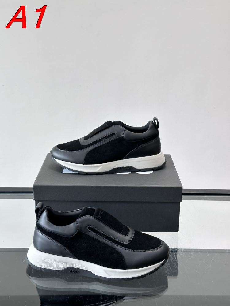 2026入荷【BOSS】スリッポン スエード×レザー 松紧带 BLACK×WHITE カジュアル