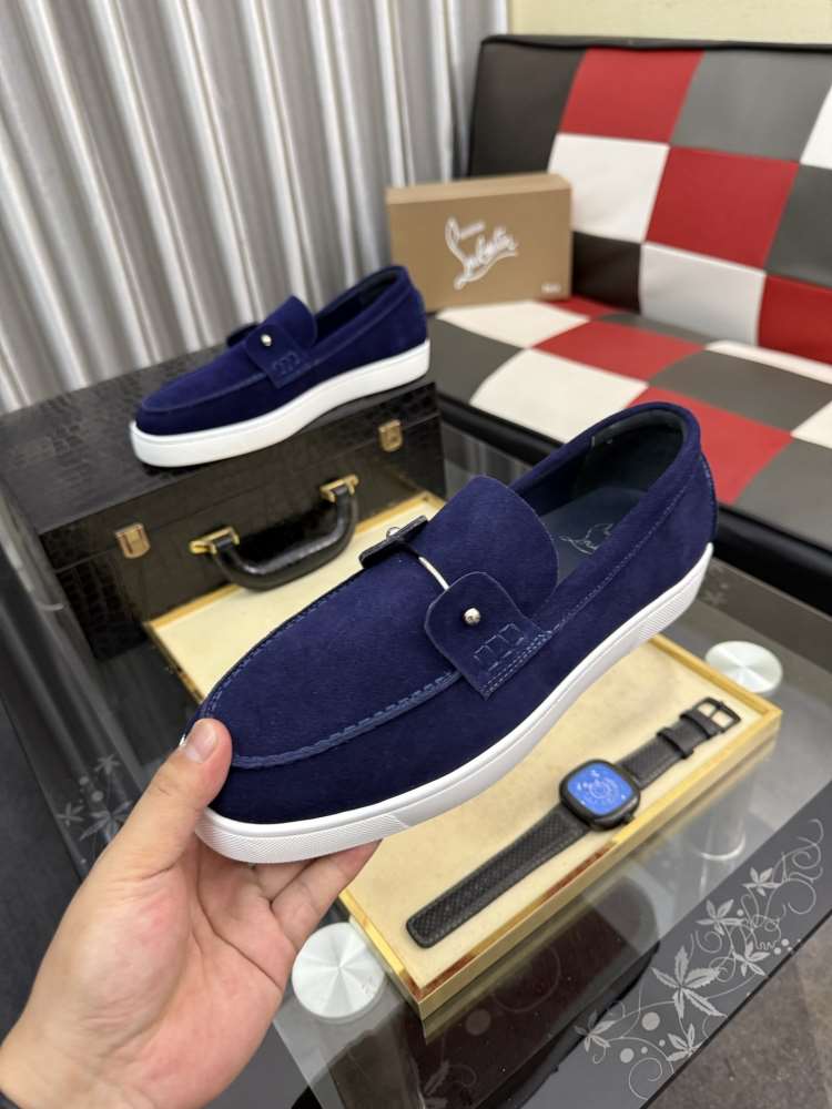 2026新作【Christian Louboutin】ローファー スエード 钮扣装飾 ネイビー×ホワイト フォーマル