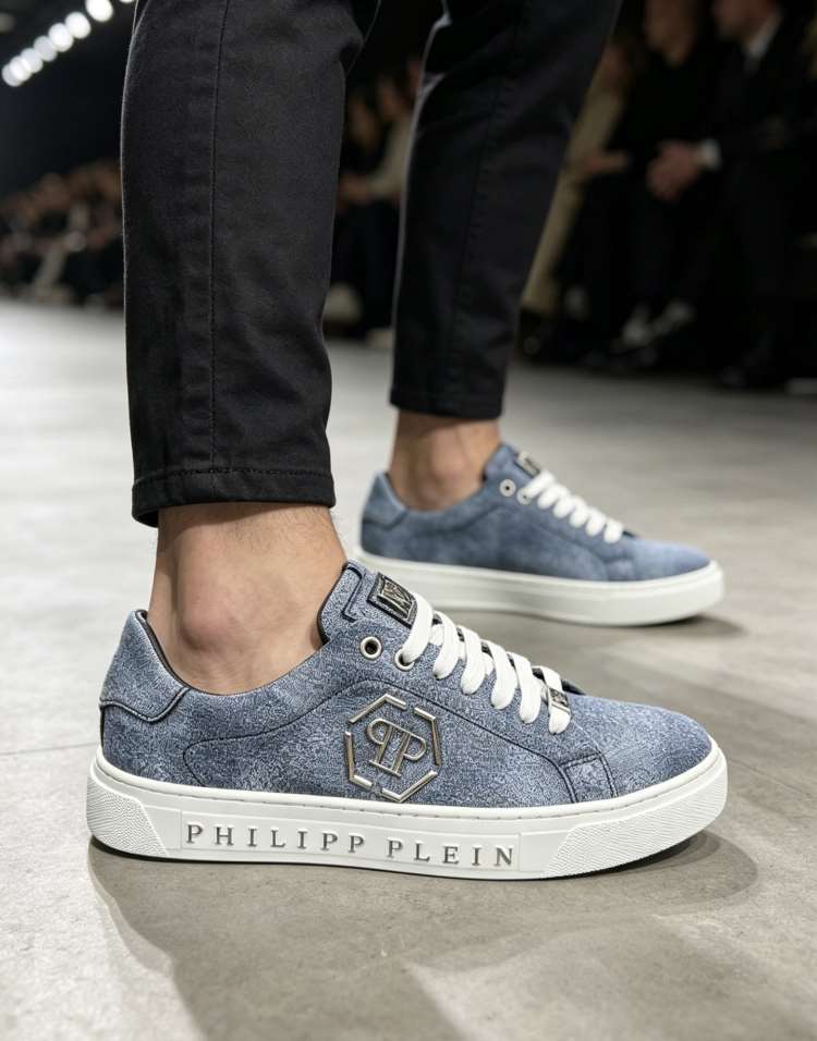 2026新作登場!【Philipp Plein】スニーカー キャンバス ウォッシュドデニム ブルー ストリート