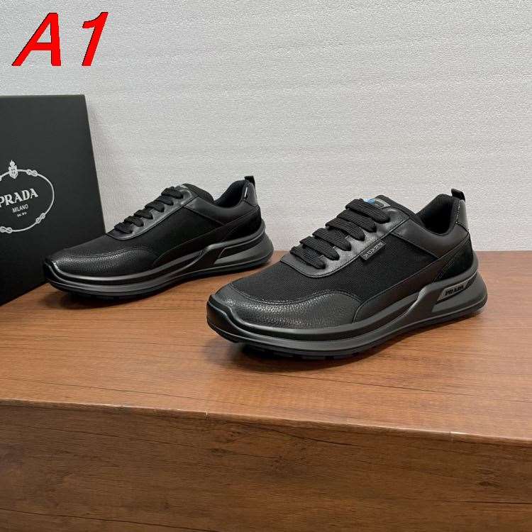 2026発売中!【Prada】スニーカー レザー×织物 ホワイトループ Black カジュアル