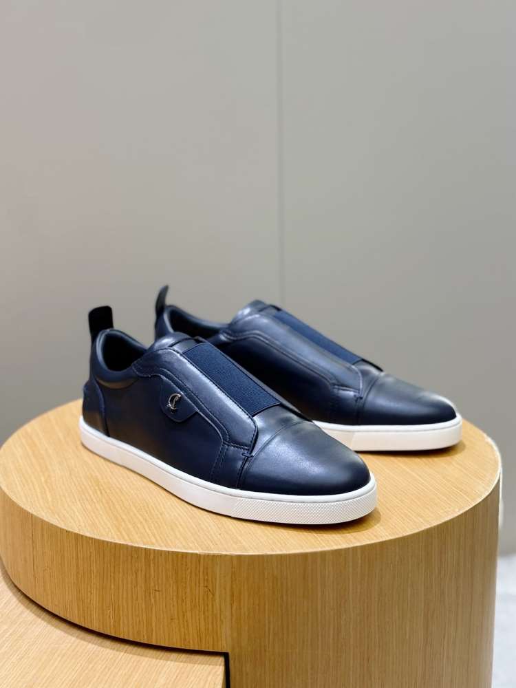 2026入荷【Christian Louboutin】スリッポン レザー 弹性织带×C字五金 ネイビー×白 フォーマル