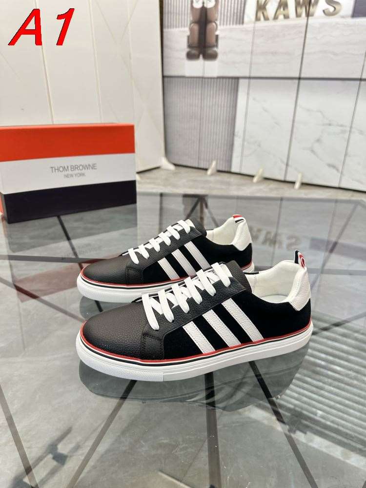 2026発売【Thom Browne】スニーカー レザー 白いライン装饰 Black×トリコロール カジュアル