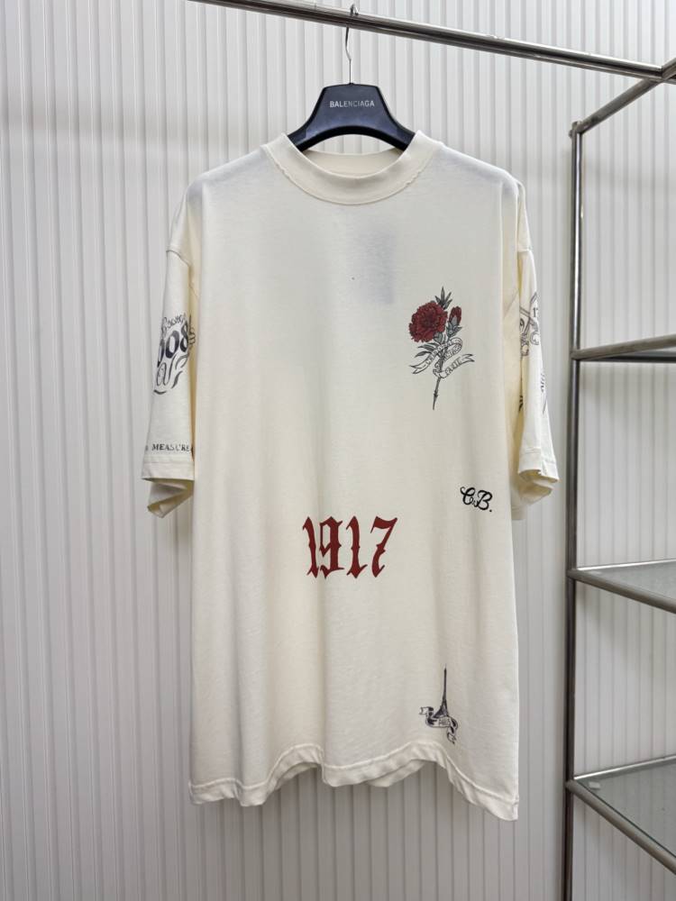 2026 バレンシアガ 夏新着 フラワーモチーフ クルーネック半袖Tシャツ ゆったりドロップショルダー ブランド コピー