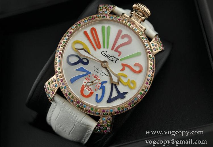 GaGaMILANO ガガミラノ腕時計 2針 機械式手巻き夜光効果 ダイヤベゼル ホワイト ベルト