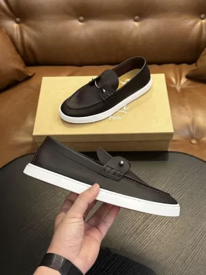 2026発売中!【Christian Louboutin】ローファー レザー 编织紋様×珠子装飾 ブラウン×ホワイト ビジネス