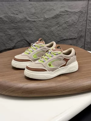 2026新作【Fendi】スニ/ーカー メッシュ×スエード 蛍光グリーン装饰 白底 ベージュ×グリーン カジュアル