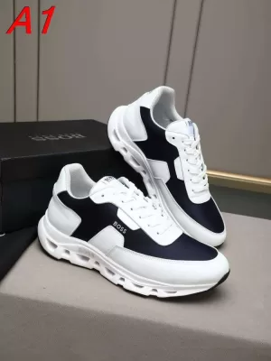 2026発売中！【BOSS】ローカットスニーカー レザー×ファブリック ストラクチャーデザイン  WHITE×ネイビー ストリート