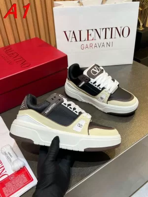 2026発売【Valentino】スニーカーレザー×レザー 多素材拼接 B标识 Logo プラットフォーム 白×黒×深棕 カジュアル