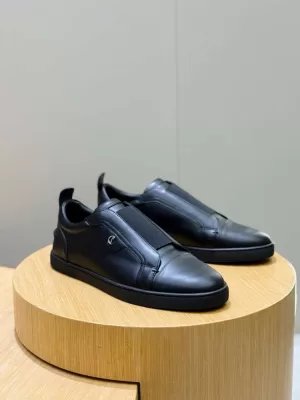 2026発売【Christian Louboutin】スリッポン レザー 弹性织带×銀五金  ブラック×シルバー ビジネス