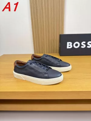 2026入荷【BOSS】ローカットスニーカー レザー ロゴポイント ネイビー×布朗 ビジネス