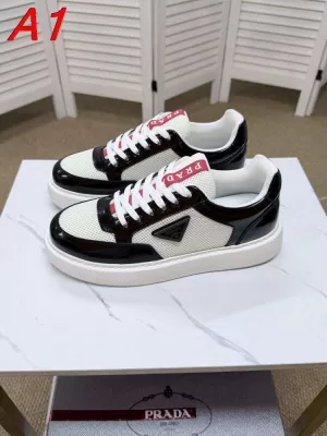 2026入荷【Prada】スニーカー レザー×网眼 赤リボン饰り 黑白撞色 カジュアル