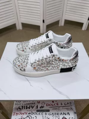 2026新作【Dolce & Gabbana】スニーカー レザー×水晶钻 CDロゴ ホワイト×シルバー カジュアル