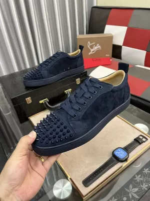 2026新作発表【Christian Louboutin】スニーカー スエード 锥形釘装飾 ネイビー×ブラウン ストリート