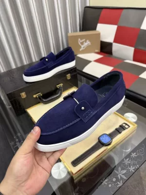 2026新作【Christian Louboutin】ローファー スエード 钮扣装飾 ネイビー×ホワイト フォーマル