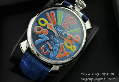 GaGaMILANO ガガミラノ腕時計 日本製クオーツ ブルー ベルト マルチカラーインデックス 2針 機械式手巻き夜光効果