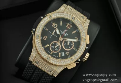 Hublotウブロ メンズ腕時計 日本製クオーツVK 日付表示 ラバー サファイヤクリスタル風防 ダイヤベゼル ゴールド