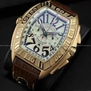 大活躍FRANCK MULLER フランクミュラー メンズ腕時計 日本製クオーツ 5針 日付表示 夜光効果 ゴールド レザー