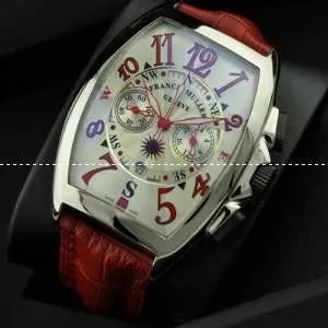 日本製クオーツ 5針クロノグラフ 日付表示 FRANCK MULLER フランクミュラー メンズ腕時計 レザー 赤色